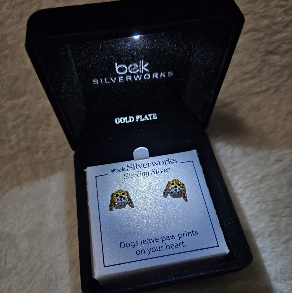 Belk Silver Works Embellished Dog Sterling Silver Gold Plate Earrings NIB